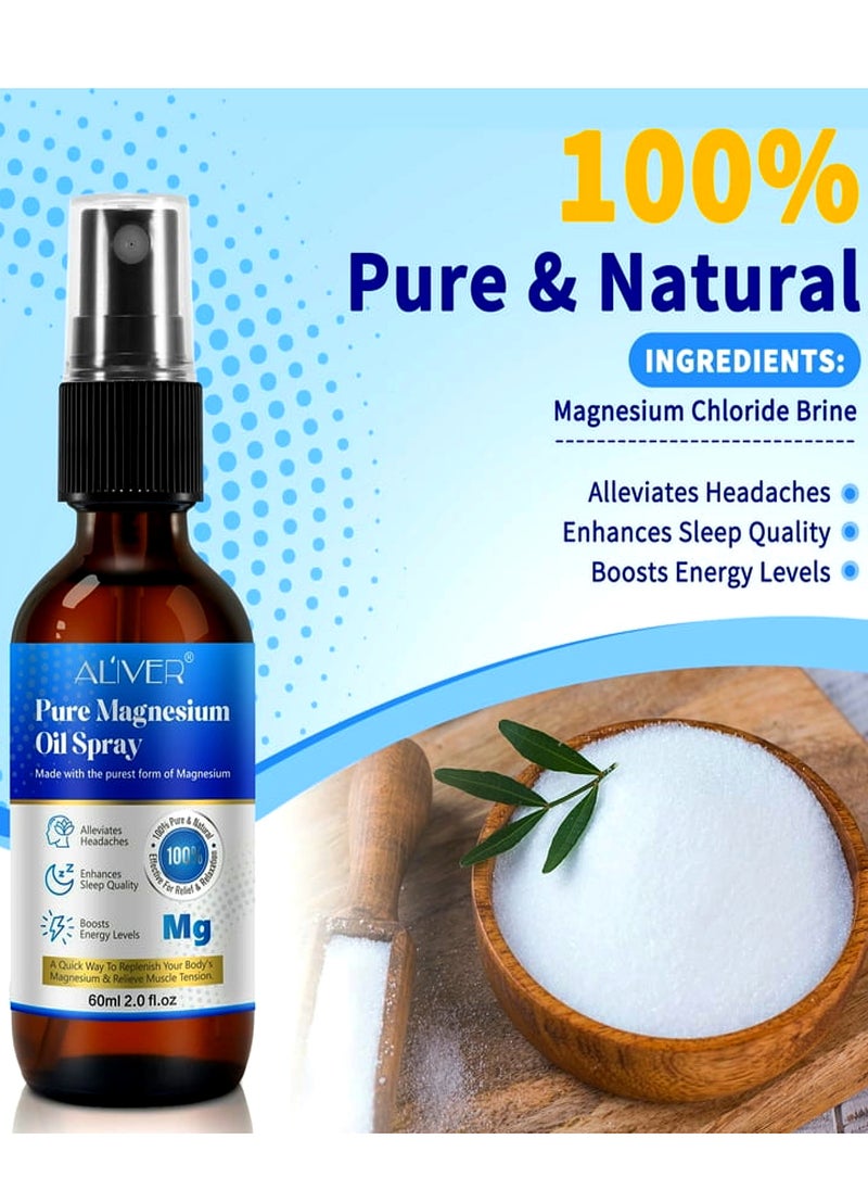 ALIVER - Pure Magnesium Oil ( 2 Pack ) ( 60mlx2 ) Spray,Magnesium Spray for Sleep and Anxiety,100% Pure & Natural,Gluten Free,Magical Topical Magnesium Oil Spray,Non-GMO Magnesium Spray for Feet and Body Muscle Relaxation Oil - Image 1