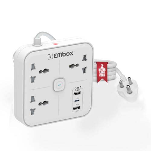 Embox Extension Board 2 Meter Cable | USB Ports 2 QC1 PD (20W) and 3 Universal Sockets | Extension Cord with Overload Protector | 2500W Extension Board with Switches Safety Shutter LED Indicator - Image 1