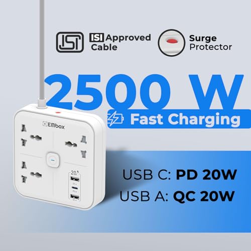 Embox Extension Board 2 Meter Cable | USB Ports 2 QC1 PD (20W) and 3 Universal Sockets | Extension Cord with Overload Protector | 2500W Extension Board with Switches Safety Shutter LED Indicator - Image 2