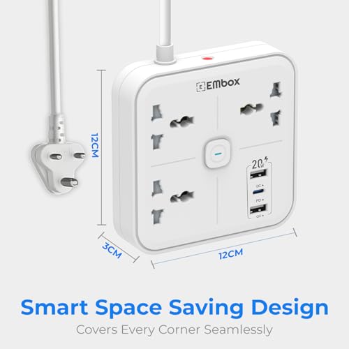 Embox Extension Board 2 Meter Cable | USB Ports 2 QC1 PD (20W) and 3 Universal Sockets | Extension Cord with Overload Protector | 2500W Extension Board with Switches Safety Shutter LED Indicator - Image 4