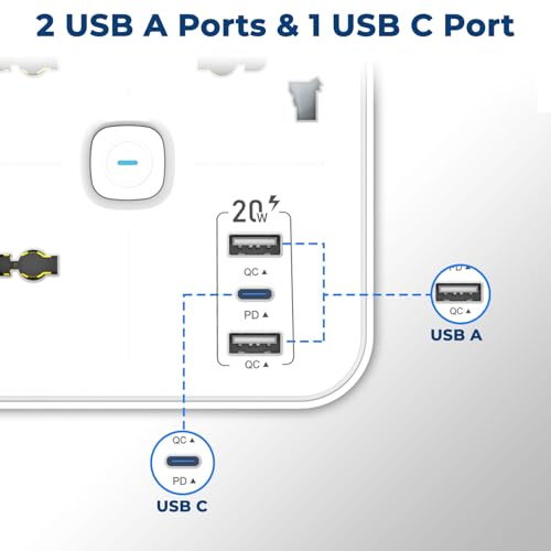 Embox Extension Board 2 Meter Cable | USB Ports 2 QC1 PD (20W) and 3 Universal Sockets | Extension Cord with Overload Protector | 2500W Extension Board with Switches Safety Shutter LED Indicator - Image 3