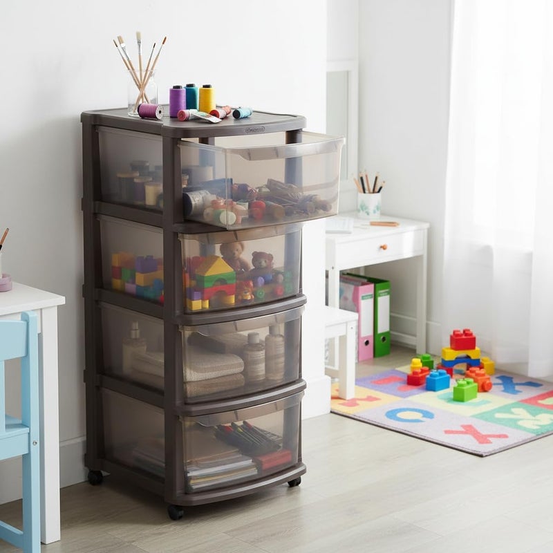 sulfar Plastic Multipurpose 4 Drawer Storage Cabinet With Wheels, Tinted Brown - Image 2