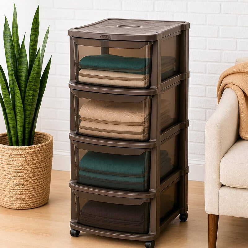 sulfar Plastic Multipurpose 4 Drawer Storage Cabinet With Wheels, Tinted Brown - Image 4