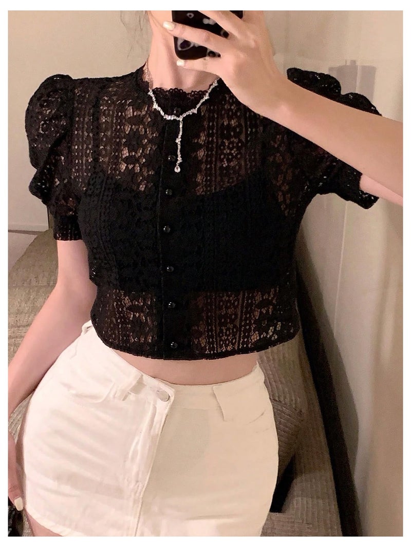 SweatyRocks Women's Lace Button Down Blouse Sheer Mesh Short Puff Sleeve Elegant Crop Tops Black Small - Image 5