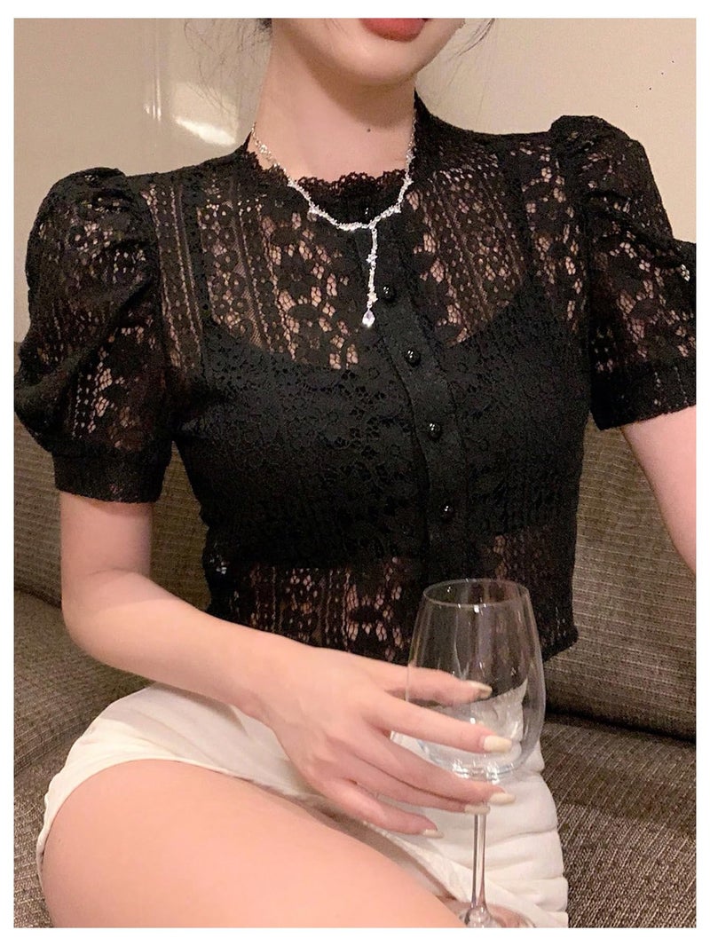 SweatyRocks Women's Lace Button Down Blouse Sheer Mesh Short Puff Sleeve Elegant Crop Tops Black Small - Image 4