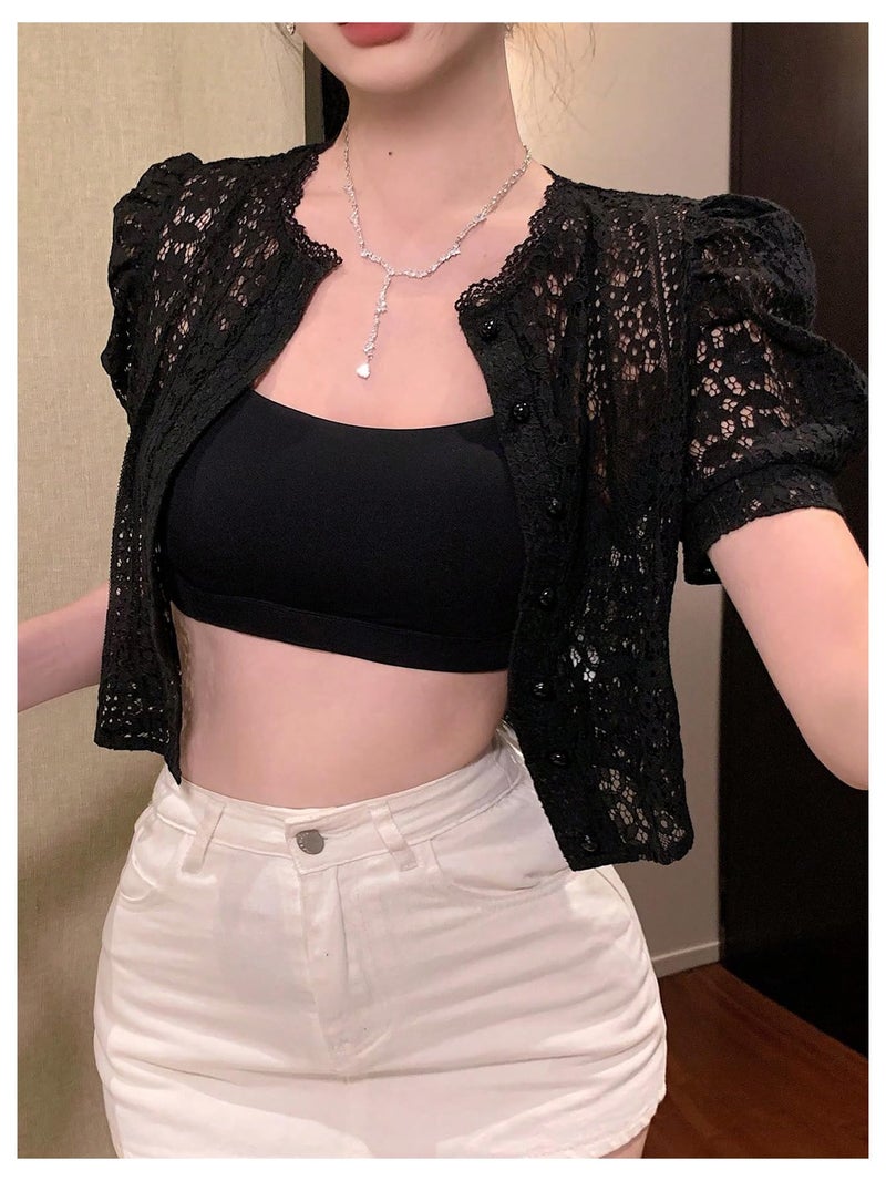 SweatyRocks Women's Lace Button Down Blouse Sheer Mesh Short Puff Sleeve Elegant Crop Tops Black Small - Image 2