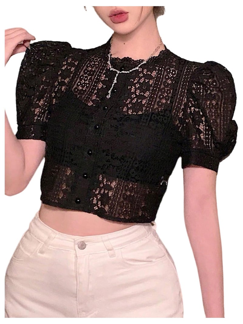 SweatyRocks Women's Lace Button Down Blouse Sheer Mesh Short Puff Sleeve Elegant Crop Tops Black Small - Image 1