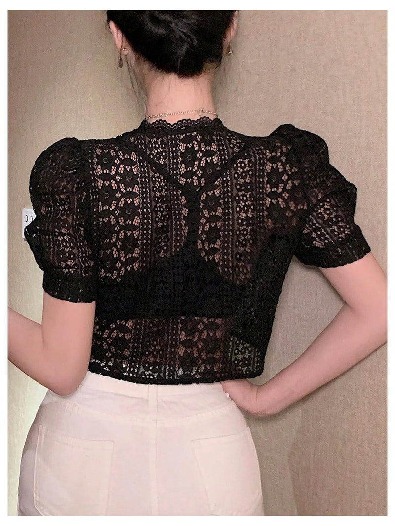SweatyRocks Women's Lace Button Down Blouse Sheer Mesh Short Puff Sleeve Elegant Crop Tops Black Small - Image 3