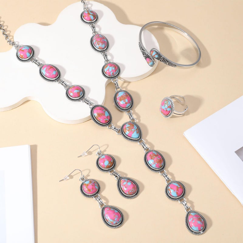 JMScape 4 PCS Western Turquoise Jewelry for Women Boho Vintage Navajo Pearl Necklace Earring Bracelet Ring Set Country Cowgirl Accessories for Gift (R-Magenta) - Image 3