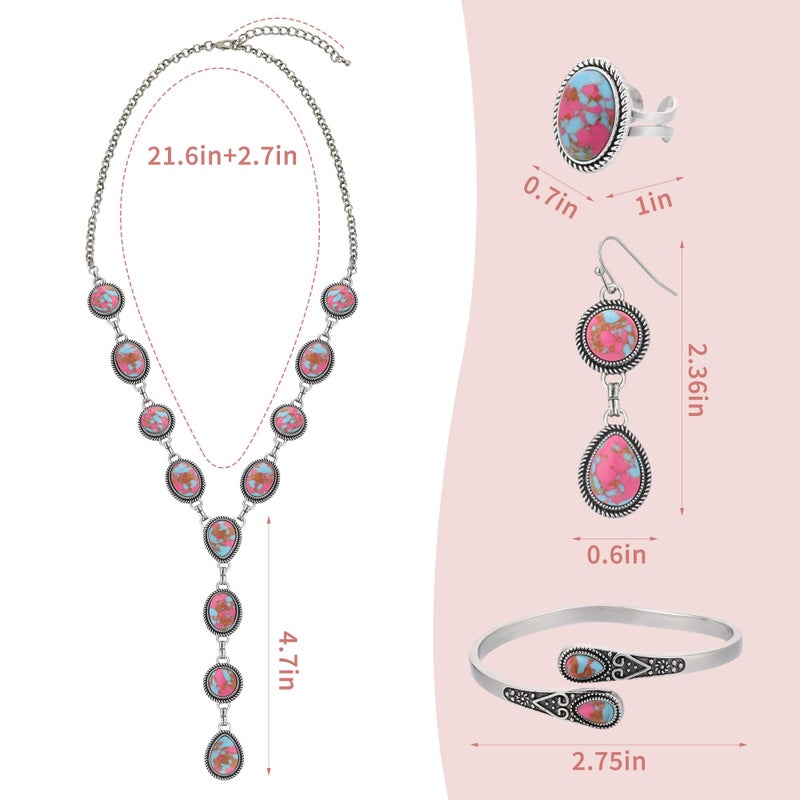 JMScape 4 PCS Western Turquoise Jewelry for Women Boho Vintage Navajo Pearl Necklace Earring Bracelet Ring Set Country Cowgirl Accessories for Gift (R-Magenta) - Image 5