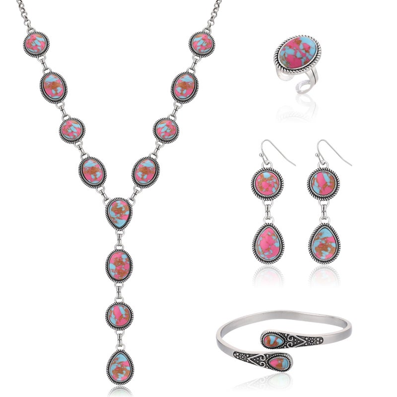 JMScape 4 PCS Western Turquoise Jewelry for Women Boho Vintage Navajo Pearl Necklace Earring Bracelet Ring Set Country Cowgirl Accessories for Gift (R-Magenta) - Image 1