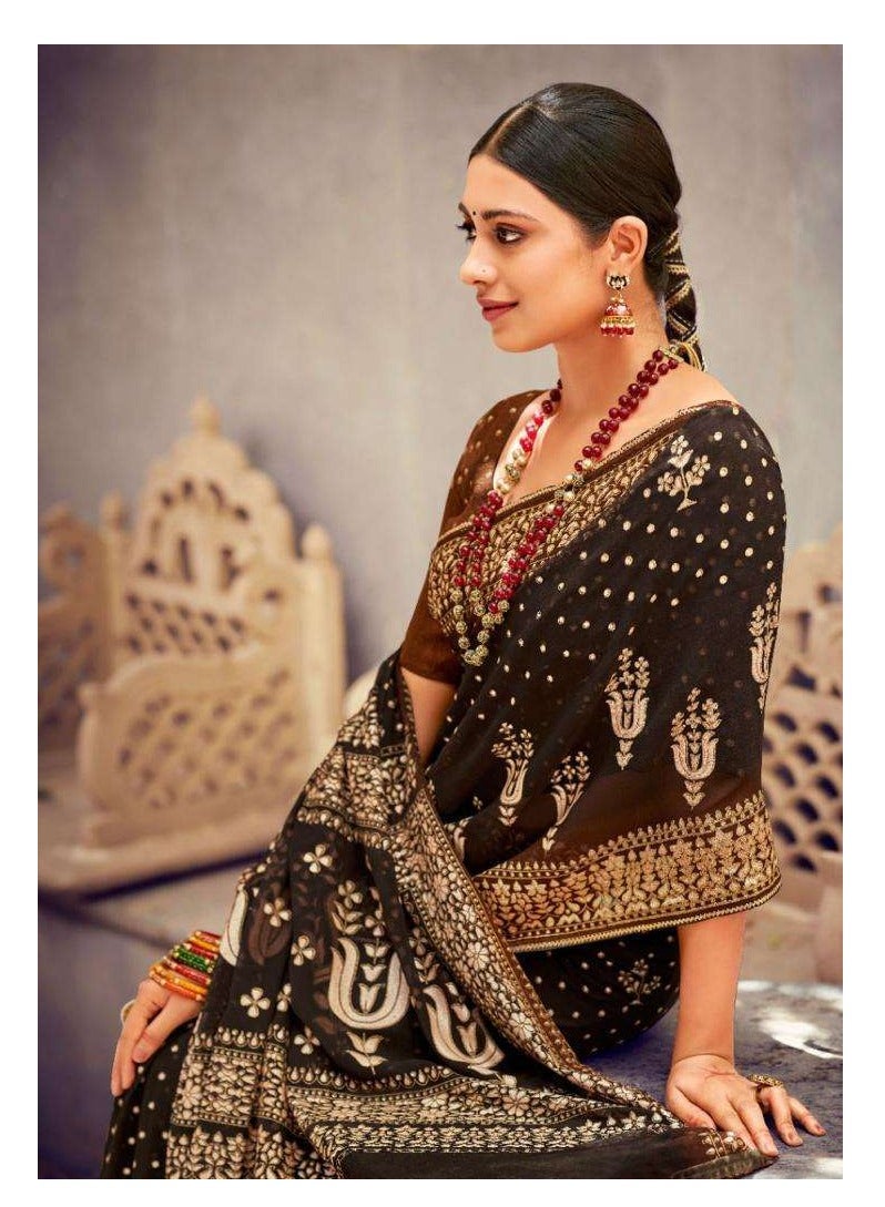 Grab Mantra Dark Brown Georgette Saree With Light Brown Foil Printed Border Plus Khadi Silk Printed Blouse  - Image 2