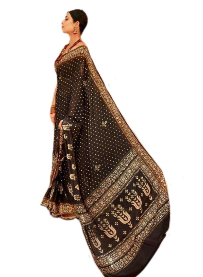 Grab Mantra Dark Brown Georgette Saree With Light Brown Foil Printed Border Plus Khadi Silk Printed Blouse  - Image 1