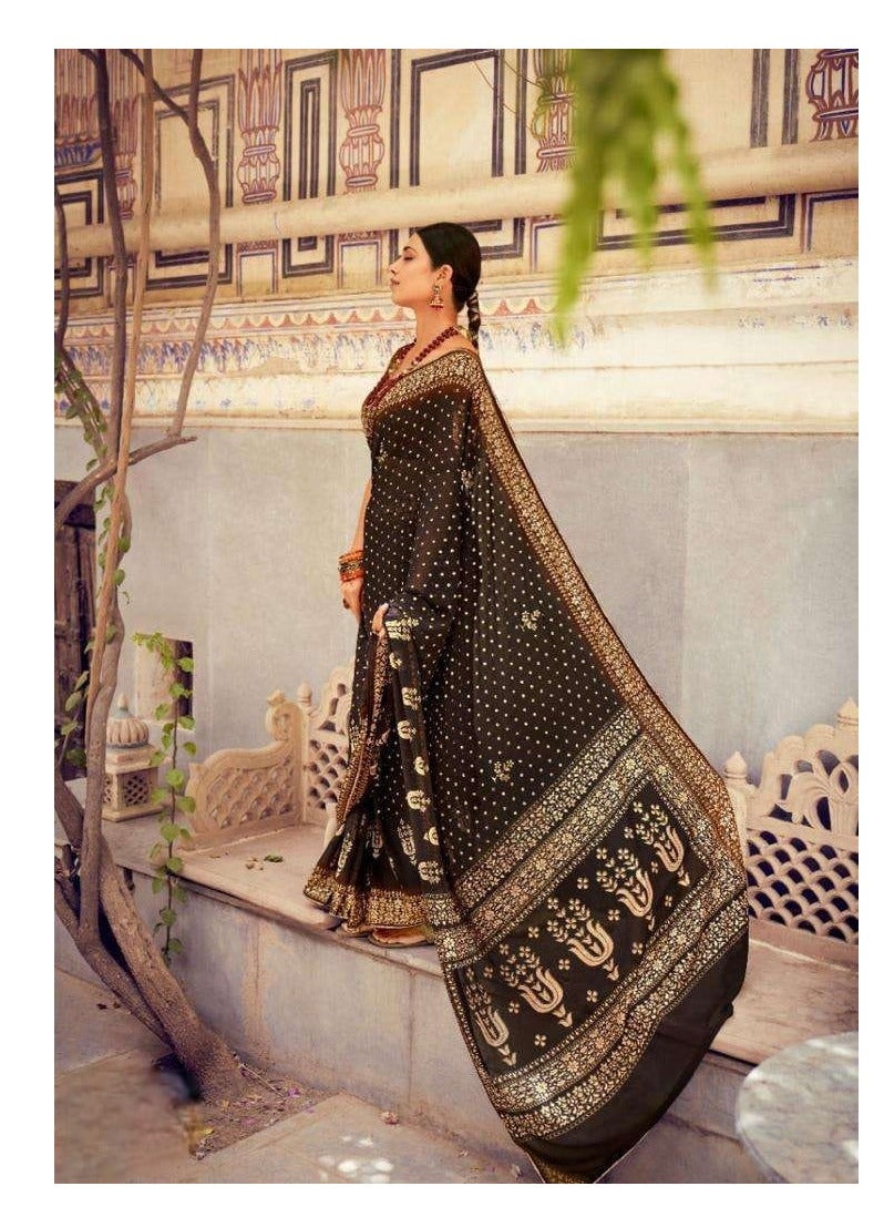 Grab Mantra Dark Brown Georgette Saree With Light Brown Foil Printed Border Plus Khadi Silk Printed Blouse  - Image 3