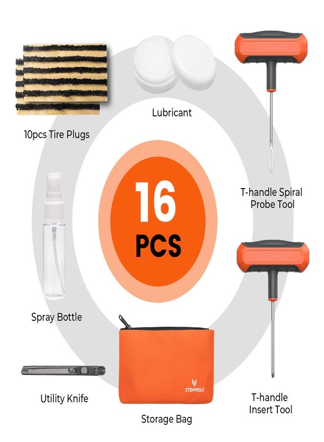 ETENWOLF Flat Tire Repair Kit with Plugs 16 Pcs, Heavy Duty Tire Plug Kit for Car, Motorcycle, ATV, Jeep, Truck, Tractor - Vivid Orange - Image 2