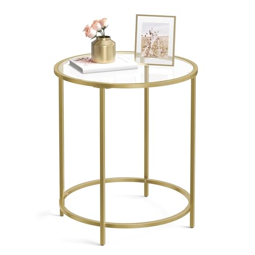 VASAGLE Round Side Table Glass End Table with Metal Frame Gold Coffee Table with Modern Style for Living Room Balcony Bedroom Gold Color