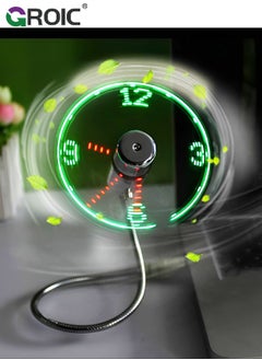GROIC مروحة USB LED على مدار الساعة 90 مم تعمل بالطاقة USB مروحة USB محمولة مع ساعة، وقت عرض ضوء LED، مروحة صغيرة معقوفة للكمبيوتر المحمول والمكتب والمنزل والسفر  - Image 1