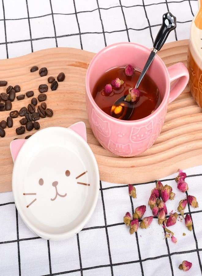 XinHuiGY كوب قهوة XinHuiGY بتصميم قطة لطيفة مع غطاء، طقم كوب شاي مع صحن، أكواب سيراميك كاواي مع حامل بسكويت وملعقة، هدايا للنساء، المعلمة، الصديقة، لعيد الأم، عيد الفصح، عيد الميلاد (قطة وردية) - Image 4