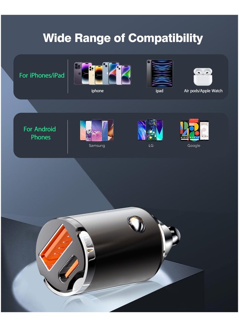 جيج بي في مهايئ شاحن السيارة الشحن السريع، [PD30W و QC3.0] أخف شاحن يو إس بي، صغير ميتال يو إس بي سي شاحن هاتف السيارة متوافق مع آي فون 15 برو ماكس/بلس، آي باد بيكسل 7 - Image 4