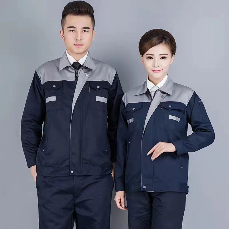 Spring and Autumn single top overalls mens wear-resistant welding auto repair labor protective clothing factory workshop engineering long sleeve color matching shoulder Upper Gray and lower purplish blue single top 