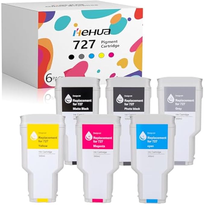 727 INK CARTRIDGE (6-PACK,1800ML) FOR C1Q12A INK F9J79A F9J76A F9J77A F9J78A F9J80A WORK FOR DESIGNJET T920 T930 T1500 T1530 T2500 T2530 PRINTER INK (BLACK,MATTE BLACK,GRAY,CYAN,YELLOW,MAGENTA)