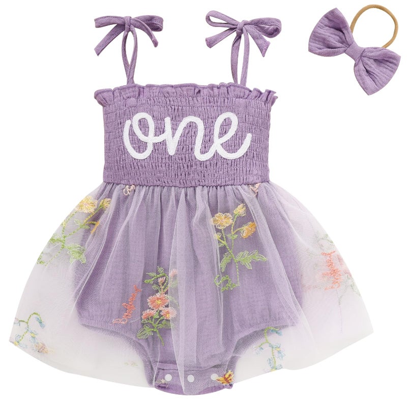 TITKKOP Baby Girl 1st Birthday Clothes One Year Old Tulle Romper Sleeveless Bodysuit Cake Smash Outfits(purple2,12-18M) - Image 1