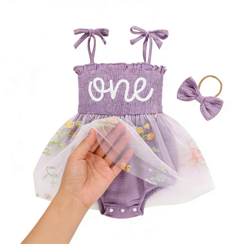 TITKKOP Baby Girl 1st Birthday Clothes One Year Old Tulle Romper Sleeveless Bodysuit Cake Smash Outfits(purple2,12-18M) - Image 3