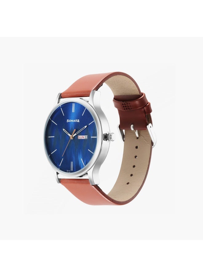 Sonata Men's Blue Dial Watch with Brown Leather Strap - Image 2