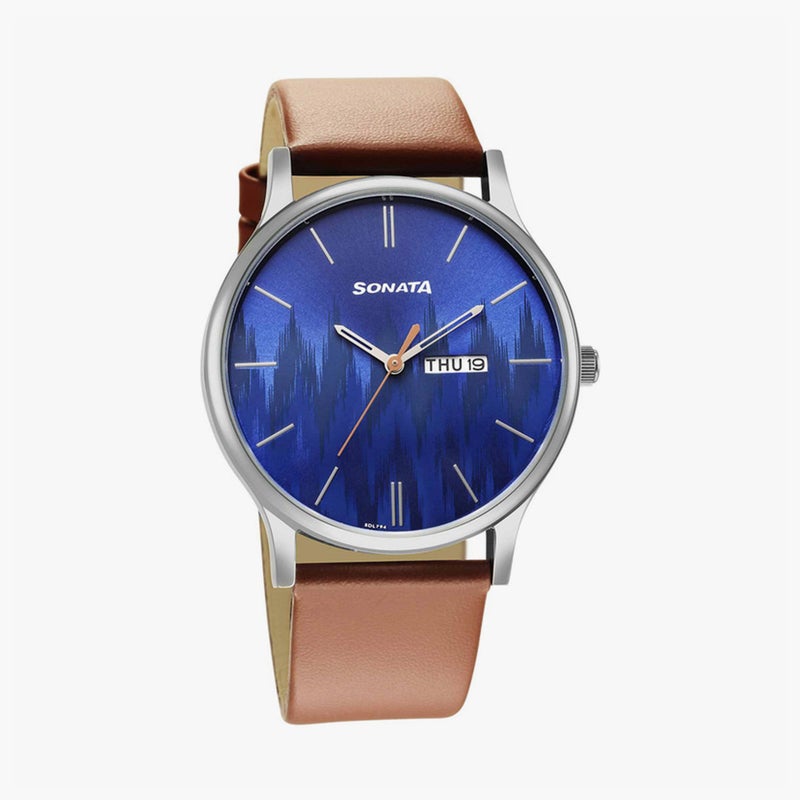 Sonata Men's Blue Dial Watch with Brown Leather Strap - Image 1