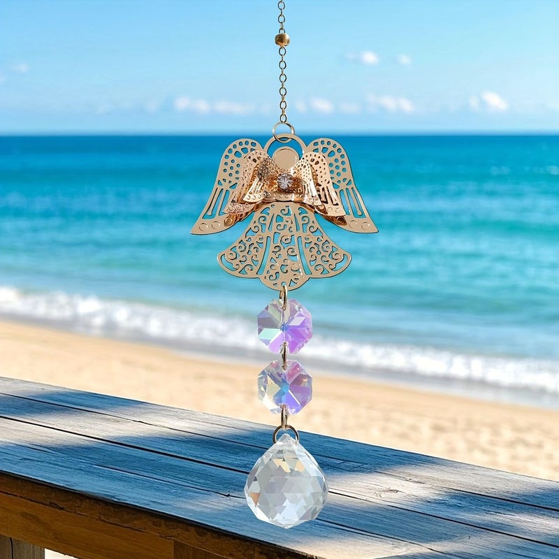 1pc Angel Wind Chime Bee Sun Catcher Copper Garden Ornament Golden Angel Statue Bee Shaped Design Crystal Prism Beads Faceted Wind Chime Indoor Outdoor Rainbow Maker Perfect Gift Nature Lover - Image 1