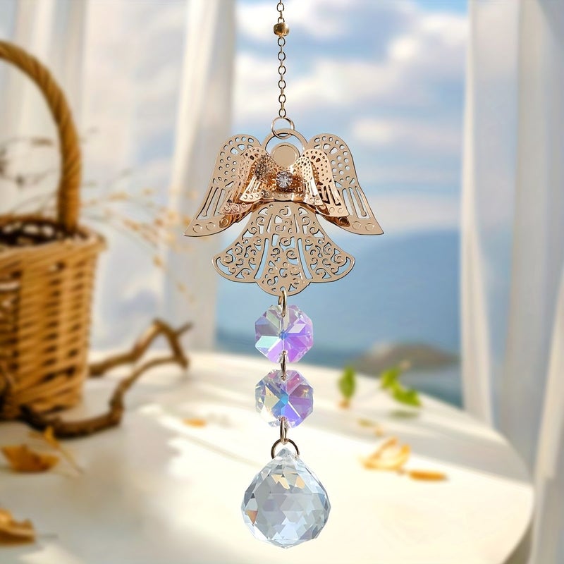 1pc Angel Wind Chime Bee Sun Catcher Copper Garden Ornament Golden Angel Statue Bee Shaped Design Crystal Prism Beads Faceted Wind Chime Indoor Outdoor Rainbow Maker Perfect Gift Nature Lover - Image 2