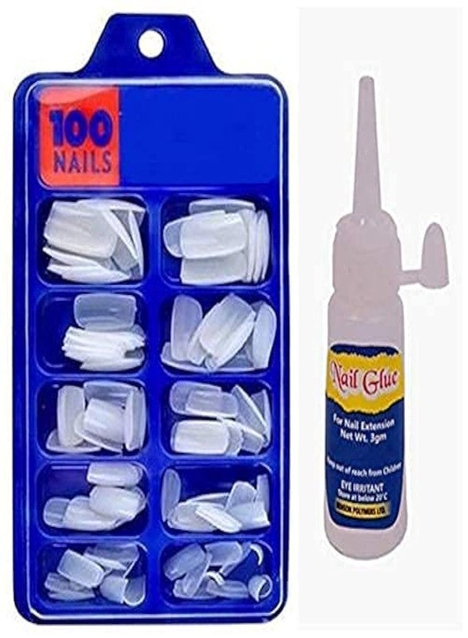 MKSL Artificial Nails Set With Glue, Acrylic Transparent fake/False Nails Set Of 100 Pcs with Reusable Artificial Nail Glue - Image 1