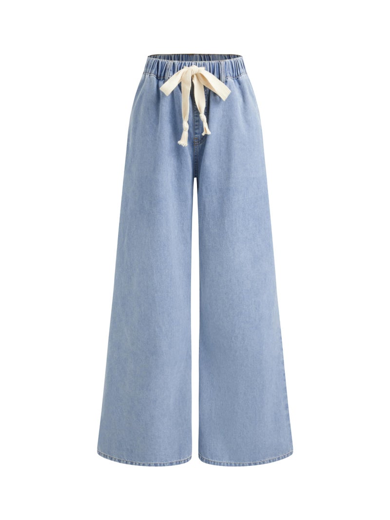 CIDER Drawstring Wide Leg Jeans for Women High Waisted Baggy Jeans Denim Pants with Pockets: Sky Blue, L - Image 1