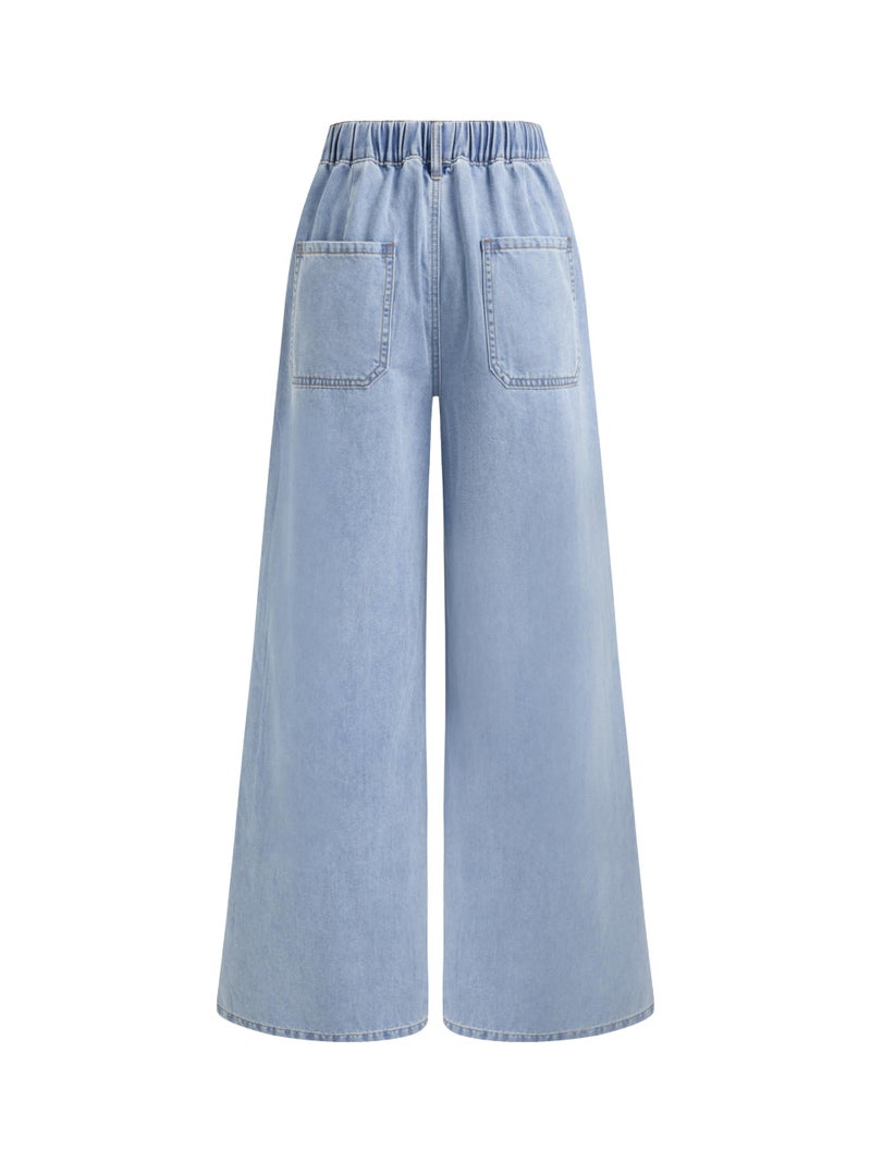 CIDER Drawstring Wide Leg Jeans for Women High Waisted Baggy Jeans Denim Pants with Pockets: Sky Blue, L - Image 5