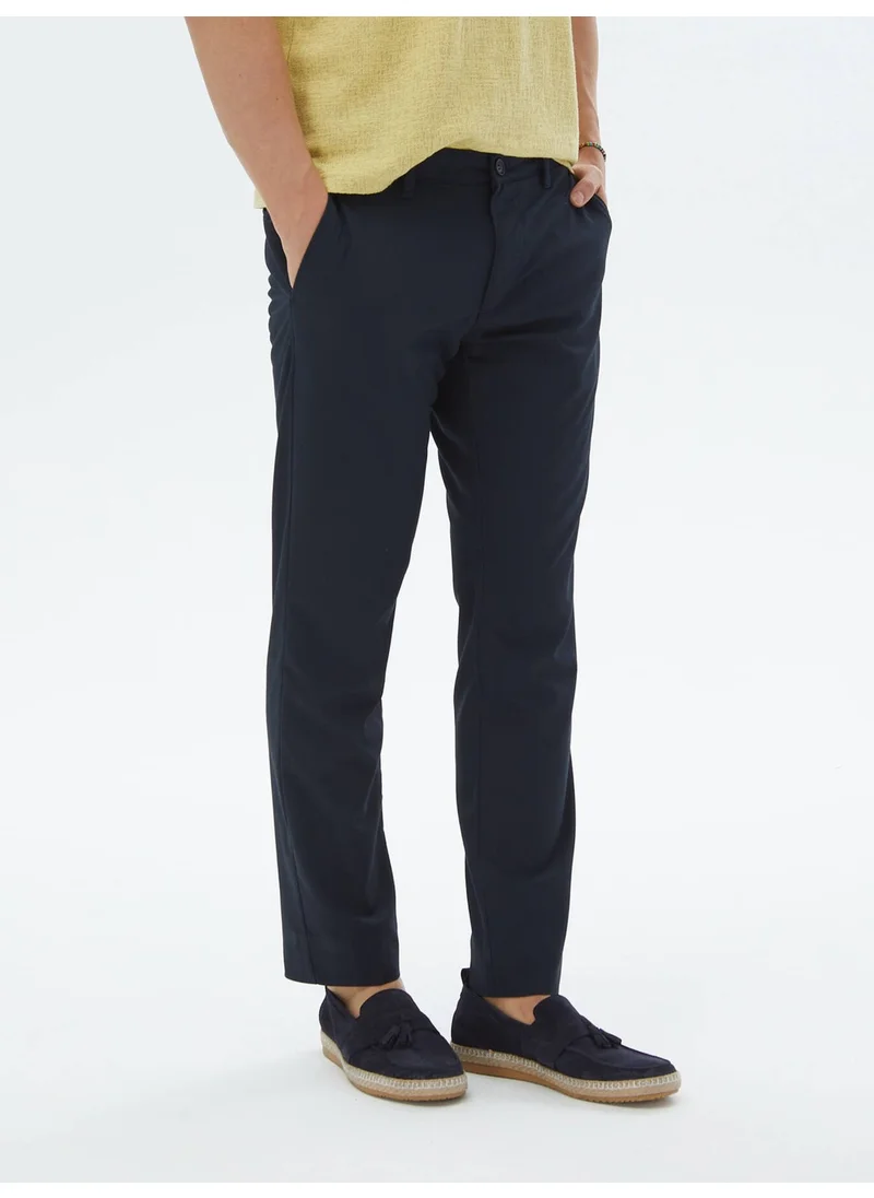 Kip Navy Blue Woven Slim Fit Casual Trousers