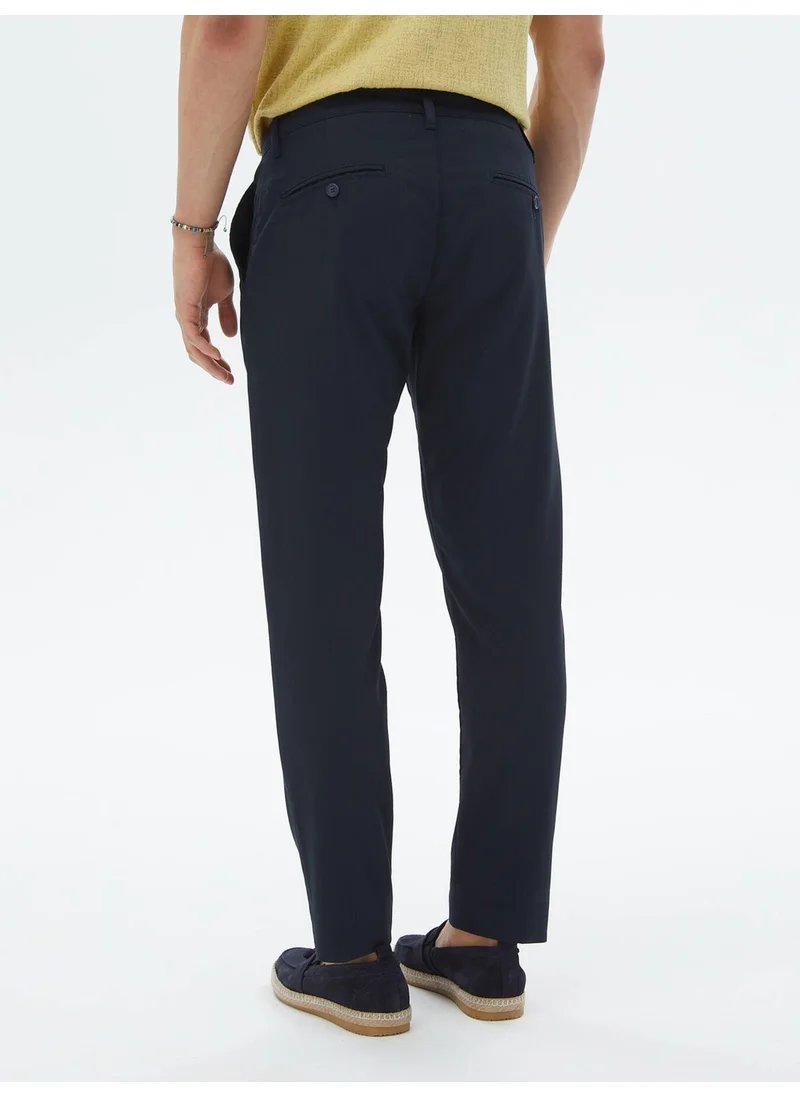 Kip Navy Blue Woven Slim Fit Casual Trousers