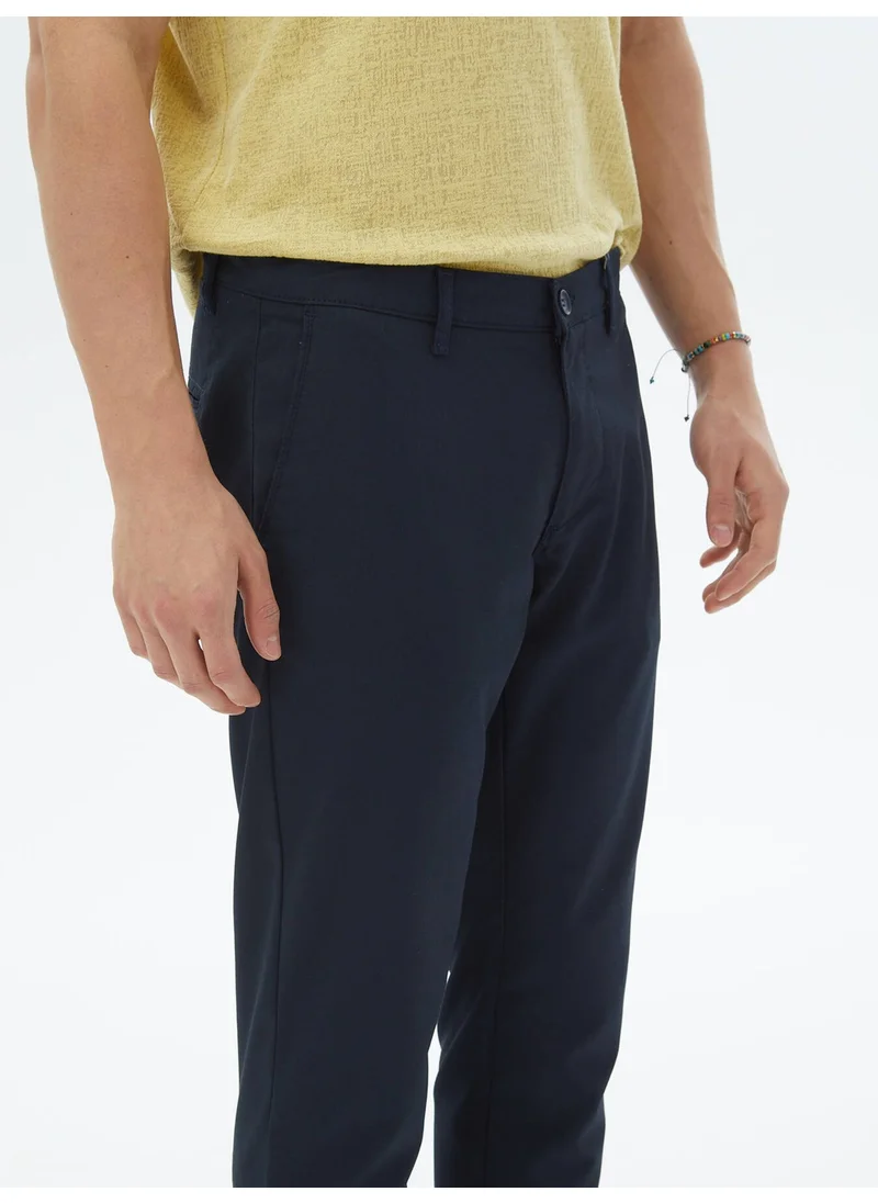 Kip Navy Blue Woven Slim Fit Casual Trousers