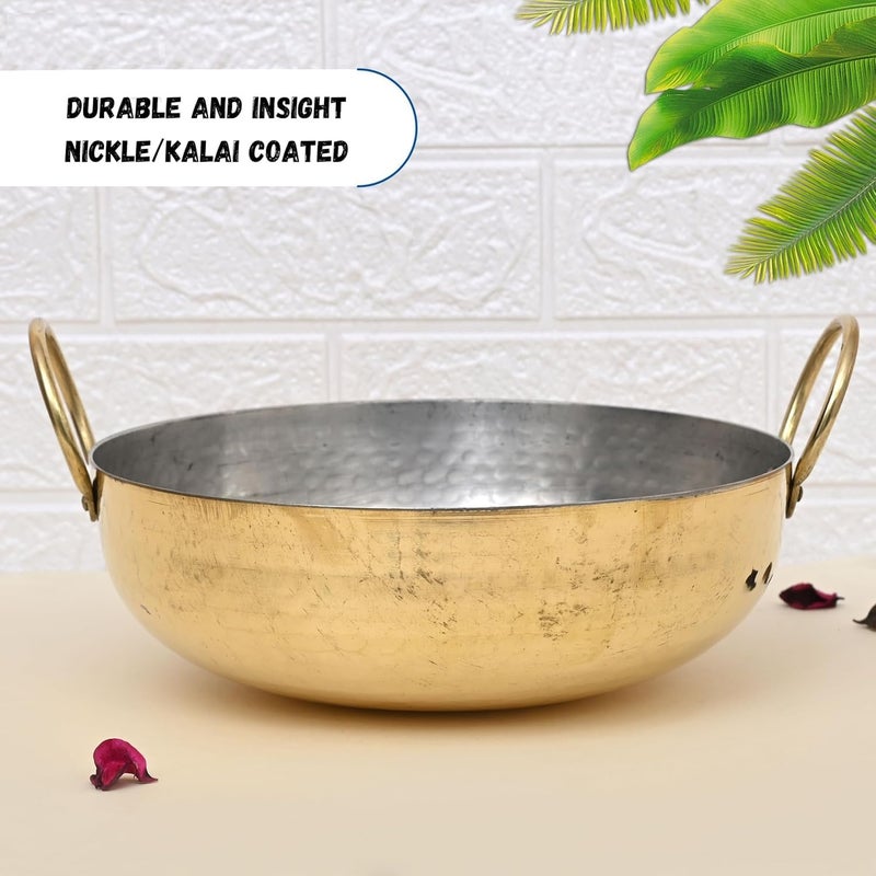 Pure Brass Kadai with Kalai | 29 cm with 3000 ml Capacity 100% Pure Brass Kadhai with Tin Coating | Brass Kadai for Cooking and Serving | Brass Utensils for Kitchen (2KG) Set of-1PCS - Image 4