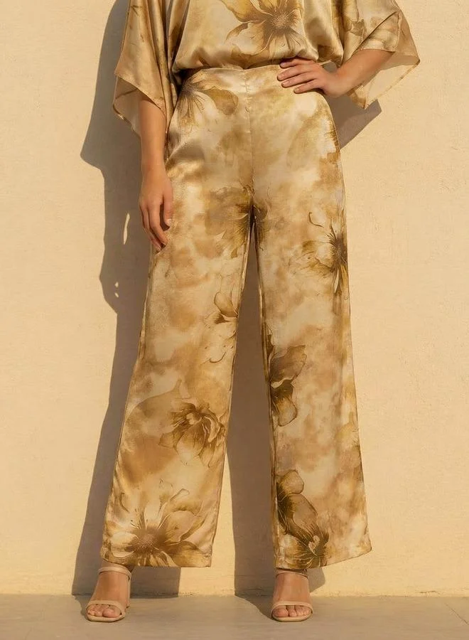 ايكونيك Iconic High Waist Floral Print Wide Leg Pants
