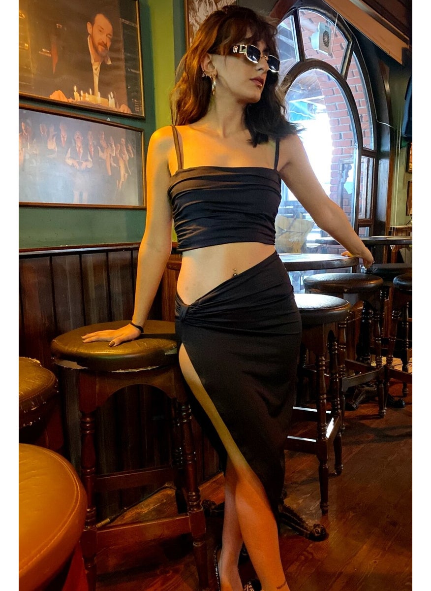 Due Stelle Women's Deep Slit Shiny Evening Skirt - Party, Dance Skirt  - Image 1