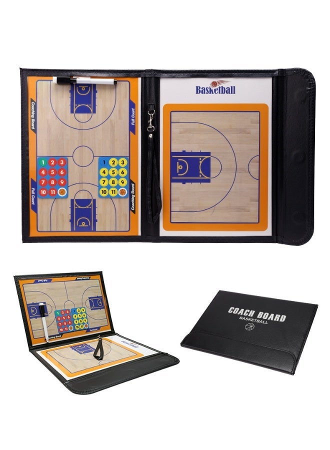 لوحة تدريب كرة سلة مغناطيسية تكتيكية قابلة للطي - لوحة تدريب مزدوجة الجوانب مع أحجار مغناطيسية مرقمة، وقلم قابل للمسح الجاف، وحافظة جلدية فاخرة - مثالية للمدربين والألعاب - Image 1