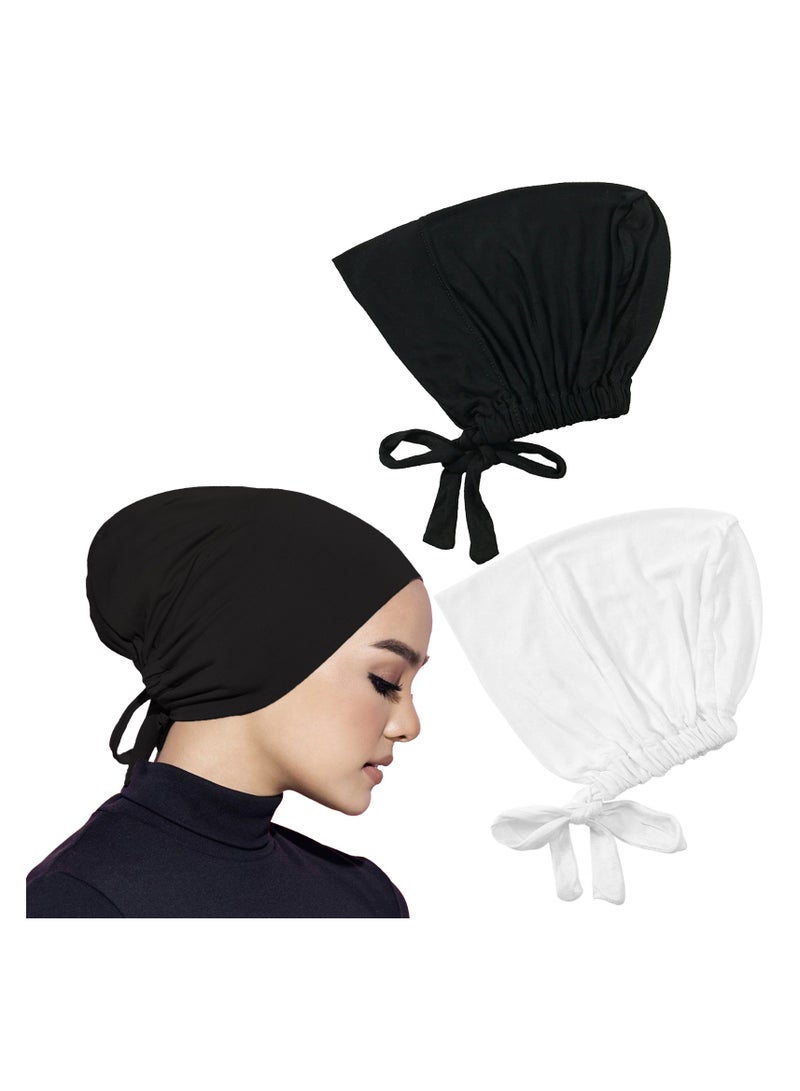 غطاء رأس إسلامي بحجاب نسائي تحت الغطاء مع إغلاق برباط من الخلف، 2 قطعة، وشاح رأس إسلامي، أسود أبيض - Image 1