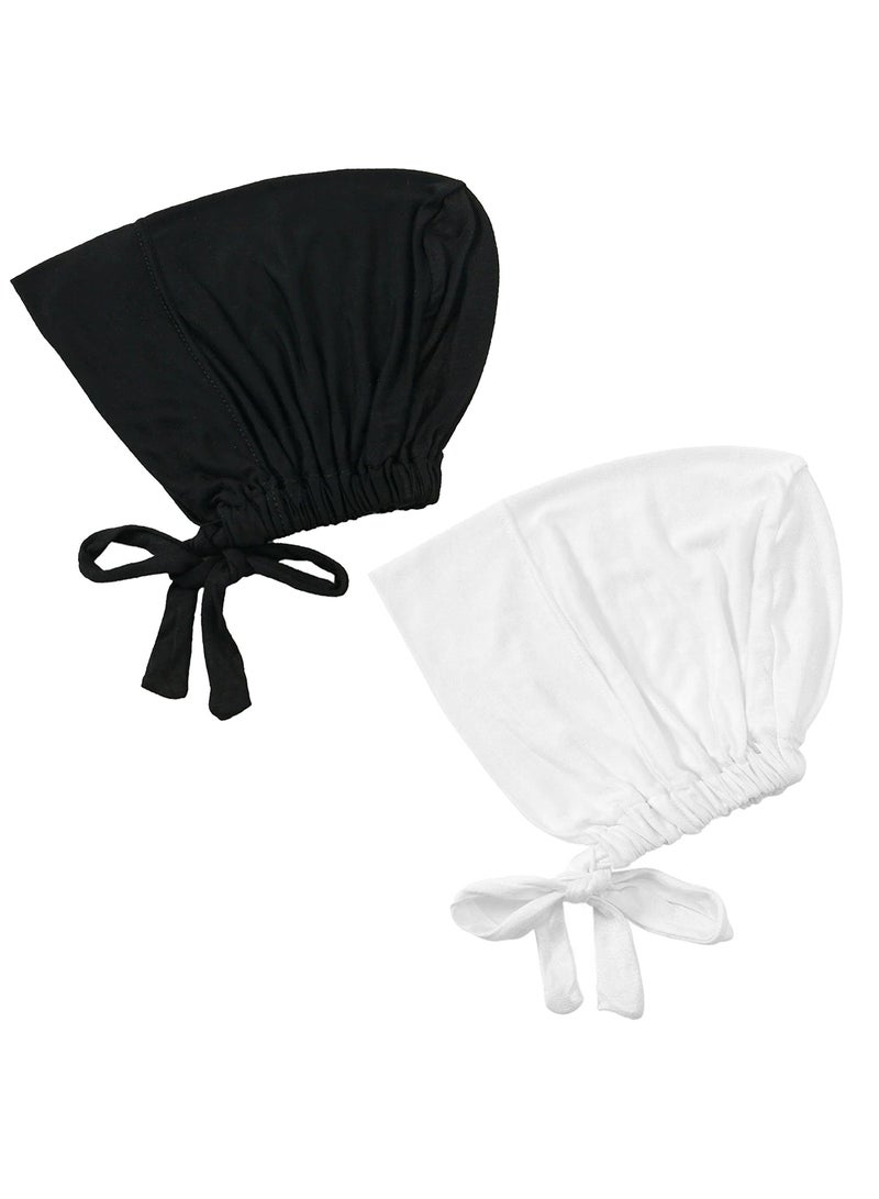 غطاء رأس إسلامي بحجاب نسائي تحت الغطاء مع إغلاق برباط من الخلف، 2 قطعة، وشاح رأس إسلامي، أسود أبيض - Image 2