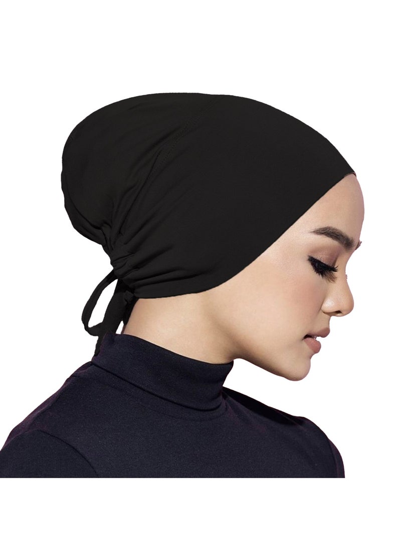 غطاء رأس إسلامي بحجاب نسائي تحت الغطاء مع إغلاق برباط من الخلف، 2 قطعة، وشاح رأس إسلامي، أسود أبيض - Image 3