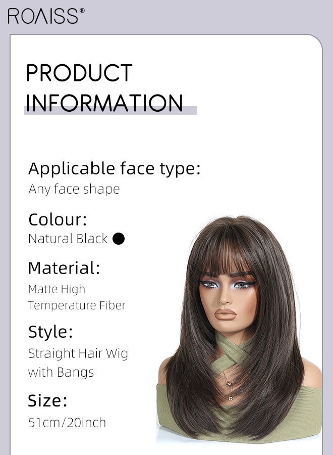 roaiss Women's Layered Long Straight Wig with Bangs, Natural Soft Synthetic Fiber Heat Resistant Hair, Suitable for Wedding Cosplay Party Daily Wear, Natural Black, 51cm (20 inches) - Image 2