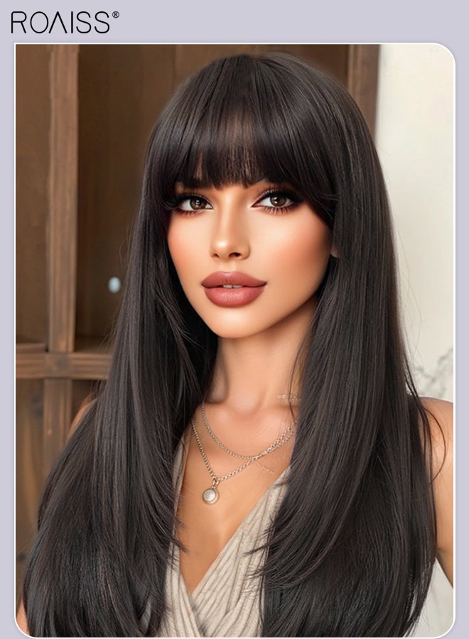 roaiss Women's Layered Long Straight Wig with Bangs, Natural Soft Synthetic Fiber Heat Resistant Hair, Suitable for Wedding Cosplay Party Daily Wear, Natural Black, 51cm (20 inches) - Image 4
