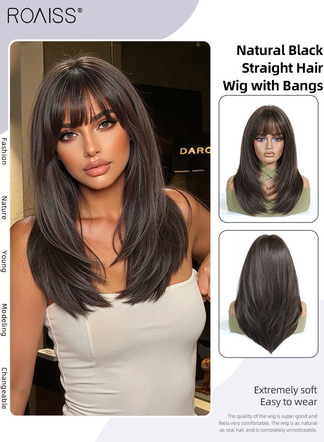 roaiss Women's Layered Long Straight Wig with Bangs, Natural Soft Synthetic Fiber Heat Resistant Hair, Suitable for Wedding Cosplay Party Daily Wear, Natural Black, 51cm (20 inches) - Image 1