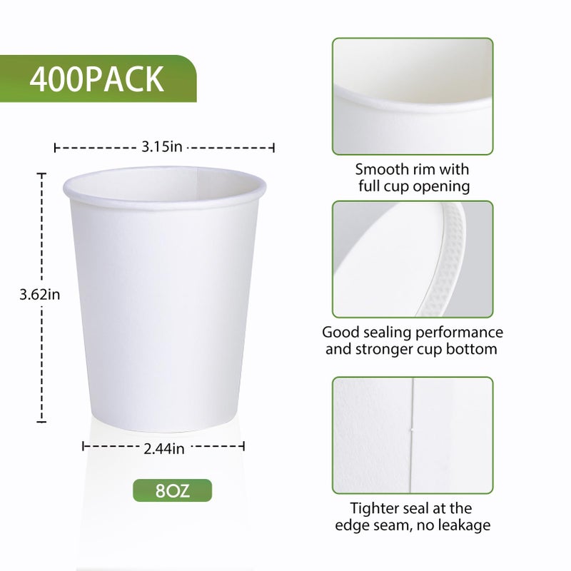 LITOPAK 400 Pack 8 oz Disposable Paper Coffee Cups, White Paper Hot Coffee Cups for Party, Picnic, Travel, and Events - Image 3