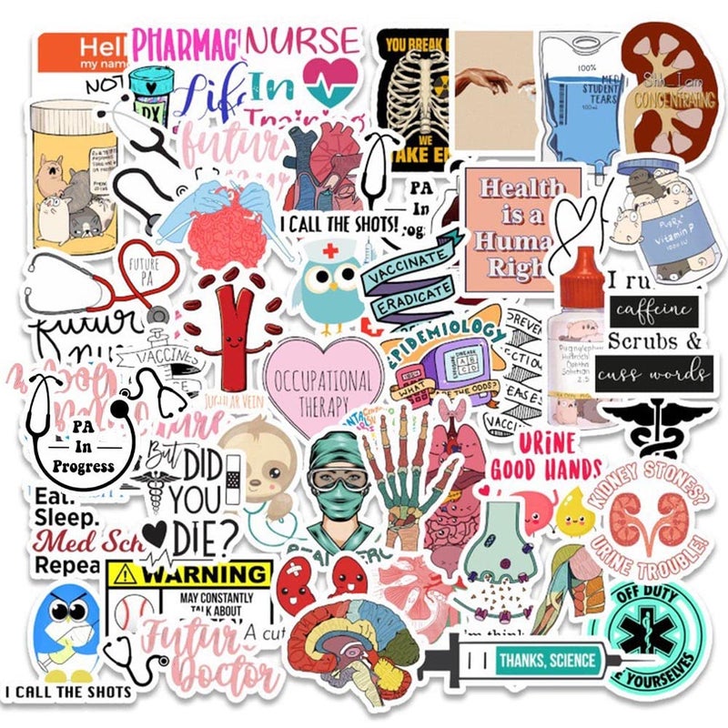 Medical Science Equipment Stickers Doctor Nurse Stethoscope Waterproof Vinyl Stickers Human Body Organ Anatomy Map Decals for Water Bottles Laptop Luggage Cup Computer Mobile Phone Skateboard