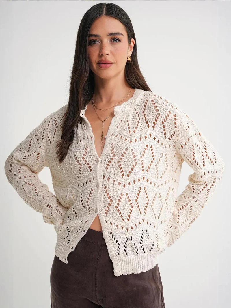 MixRay Mixray Textured Knit Cardigan with Button Closure